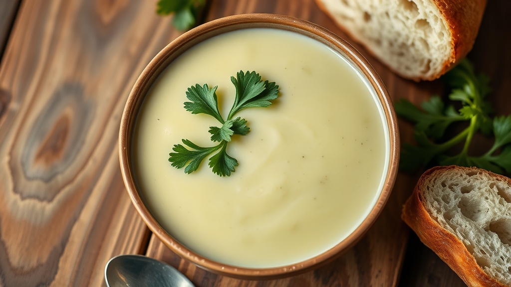 Velvety Cream of Celery Soup Recipe A bowl of creamy celery soup garnished with parsley, alongside a slice of crusty bread on a wooden table.